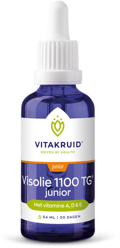Blauwe druppelfles met witte dop. Etiket met de tekst 'VITAKRUID junior Visolie 1100 TG junior'.