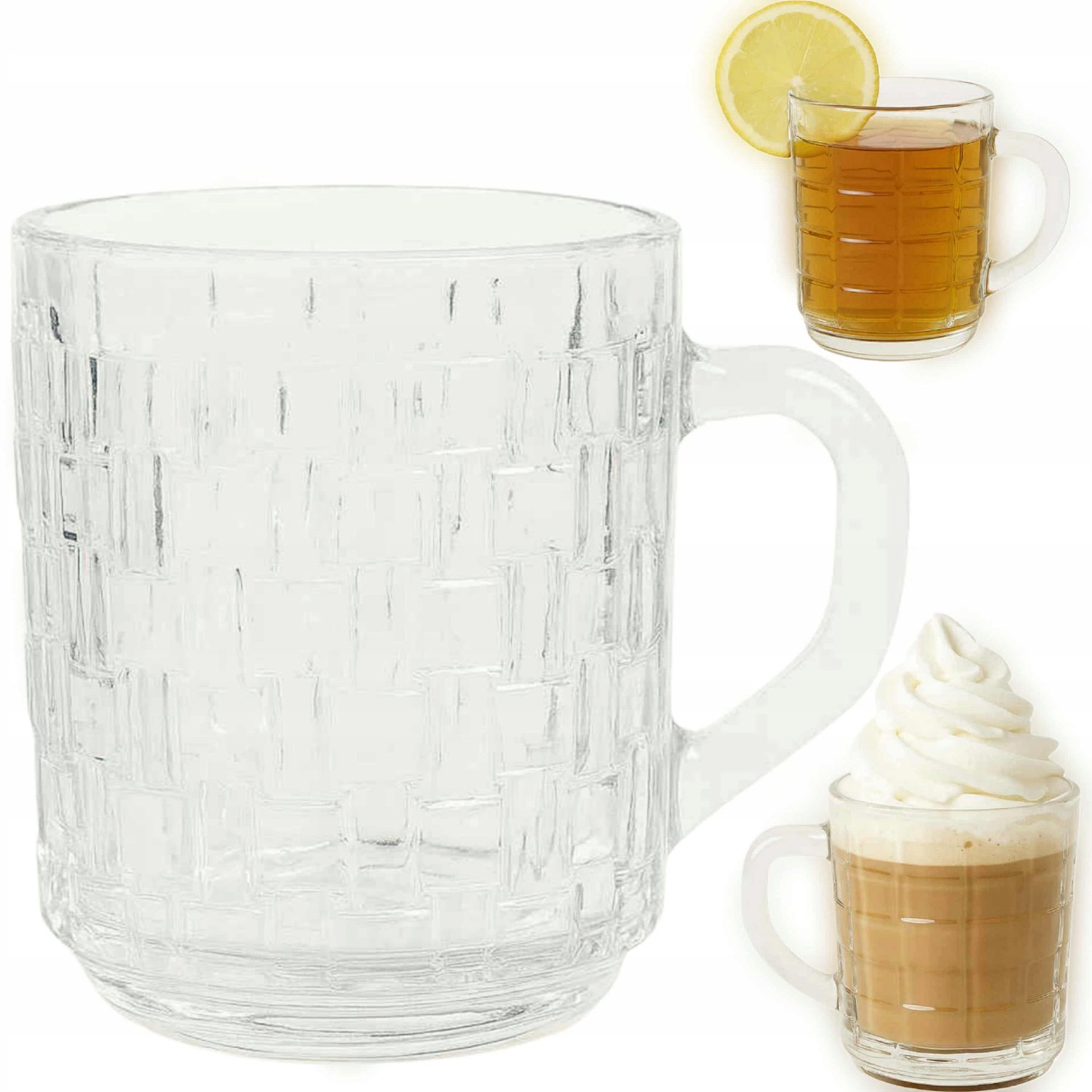 Glazen mok met oor, 240 ml, reliëfpatroon, voor koffie en thee