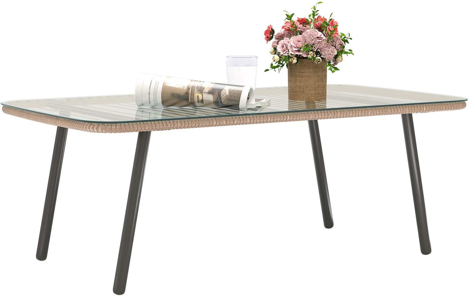 Outsunny Rattan Tafel - Geweven Hars - 110x60x40cm - Natuurlijk Hout
