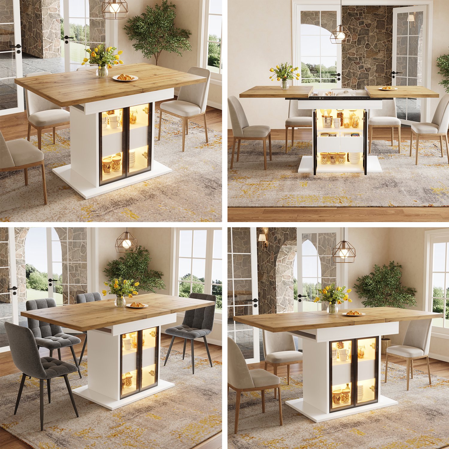 Clruro Eettafel - 110–140×80×77,9 cm - Uitschuifbaar - RGB-LED en Opbergruimte - MDF/Metaal Wit