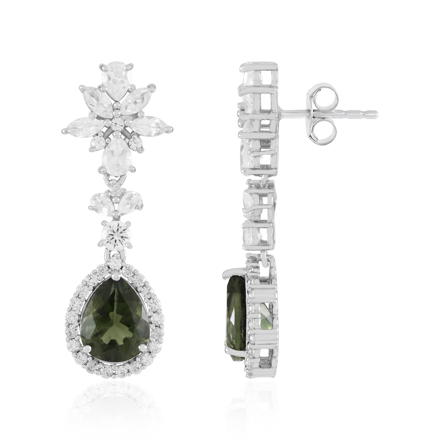 Cavill - Zilveren Druppel Oorbellen - 925 Sterling Zilver Geplatineerd - Moldaviet Peervorm 2,466 ct - Zirkonia 5,552 ct - Elegant Sieraad