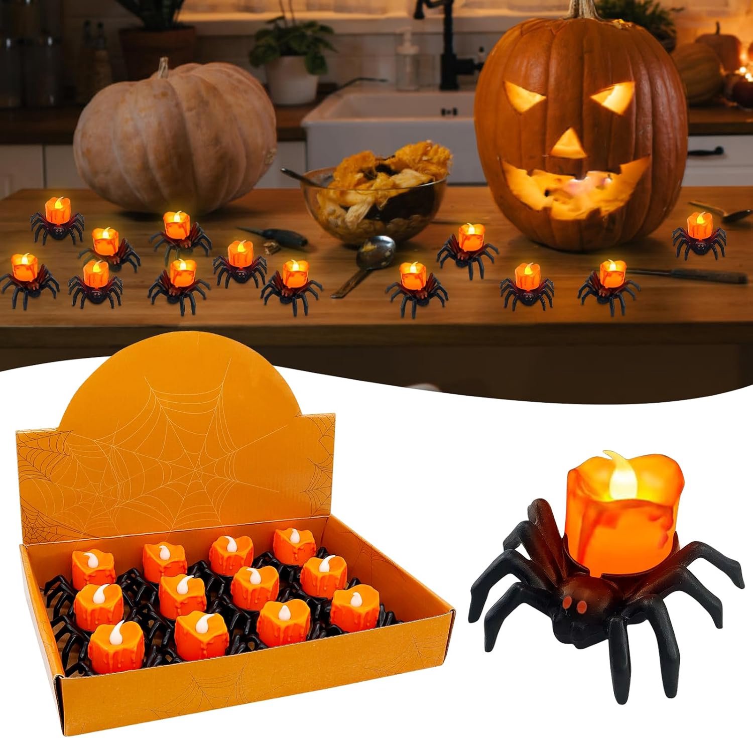 12 Stuks Halloween LED Theelichtjes, Glitter Pompoen Kaarsjes, Mini Oranje Pompoenlampjes, Vlamvrij LED Kaarsjes voor Feestdecoratie, Halloween, Kerst en Buitengebruik [Energieklasse G]