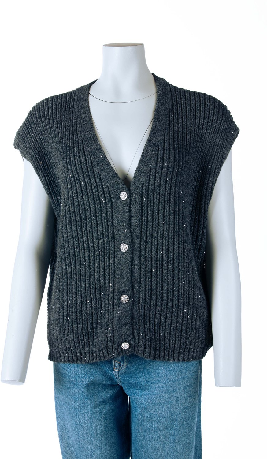 Kocca mouwloos vest grijs met pailletjes en sierknopen voor dames - XS (34)