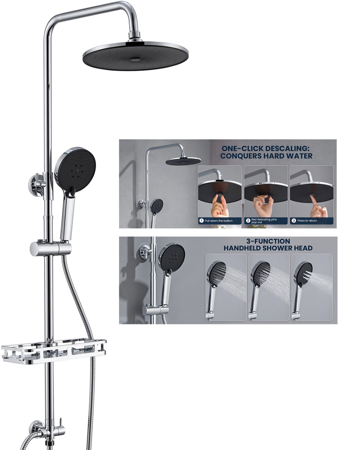 Auralum Max Messing Douchesysteem Met Omstelling - 10 Inch Regendouche - Inclusief Planchet Doucheset - met Self-Cleaning Douchekop & Handdouche - Verstelbare Hoogte 72-110 cm - Waterbesparend - Chroom
