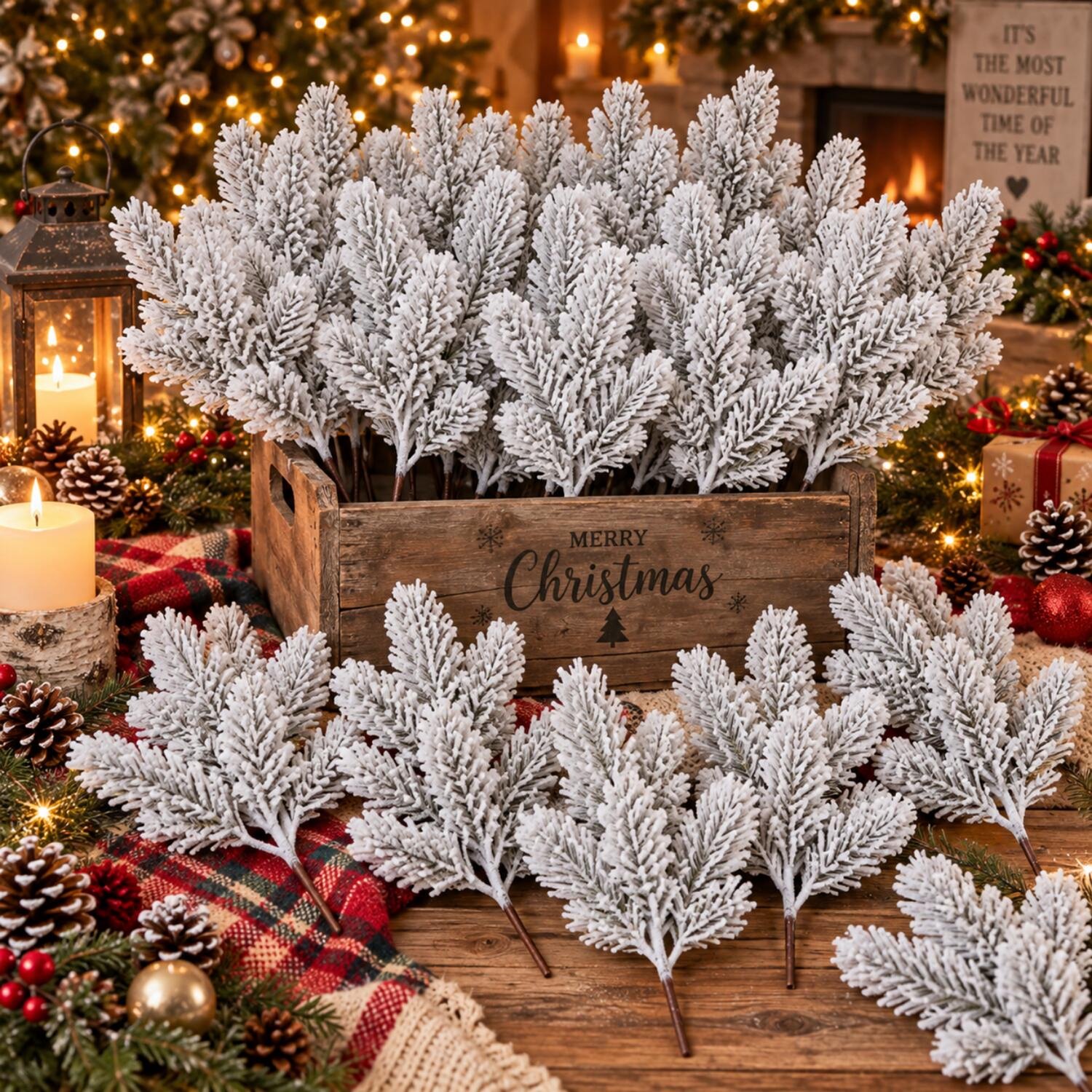 Kunst dennentak - 50x - groen - 36 cm - met sneeuw - kersttakken - kerststukje takken - kunsttakken dennen