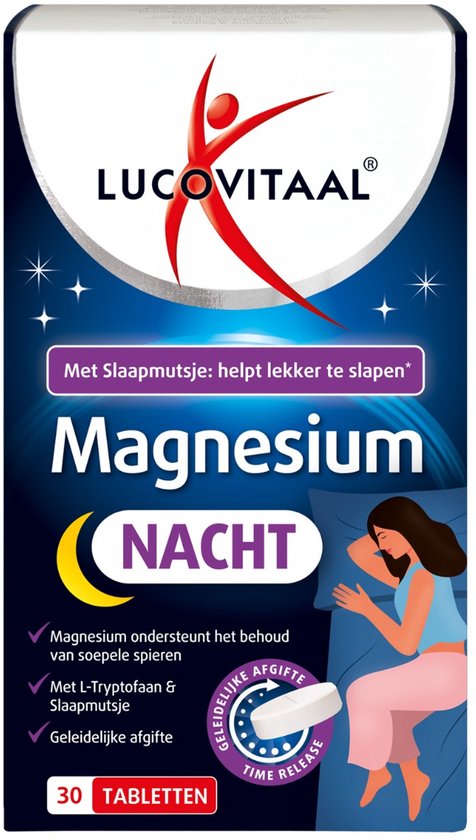 Lucovitaal Magnesium Nacht verpakking met een slapende vrouw, sterren en de tekst 'Met Slaapmutsje: helpt lekker te slapen'.