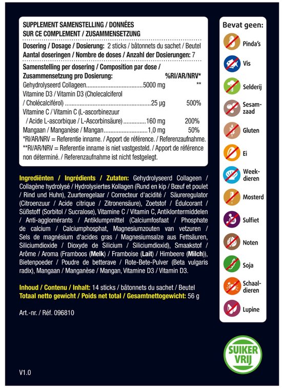 Ingrediëntenlijst, dosering en waarschuwingen voor voedingssupplementen. Iconen voor ingrediënten zoals vis, sesamzaad en gluten.