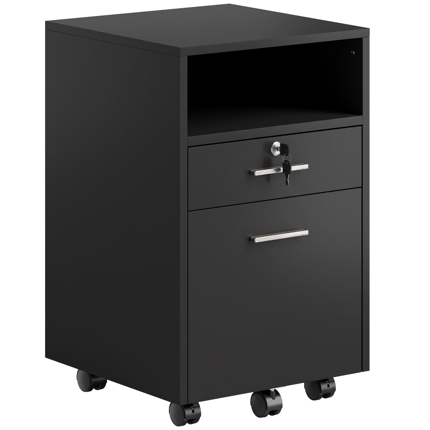 Vinona Rolcontainer - Met 2 lades, open opbergvak en wielen - Afsluitbaar - 40 x 40 x 65 cm - Zwart