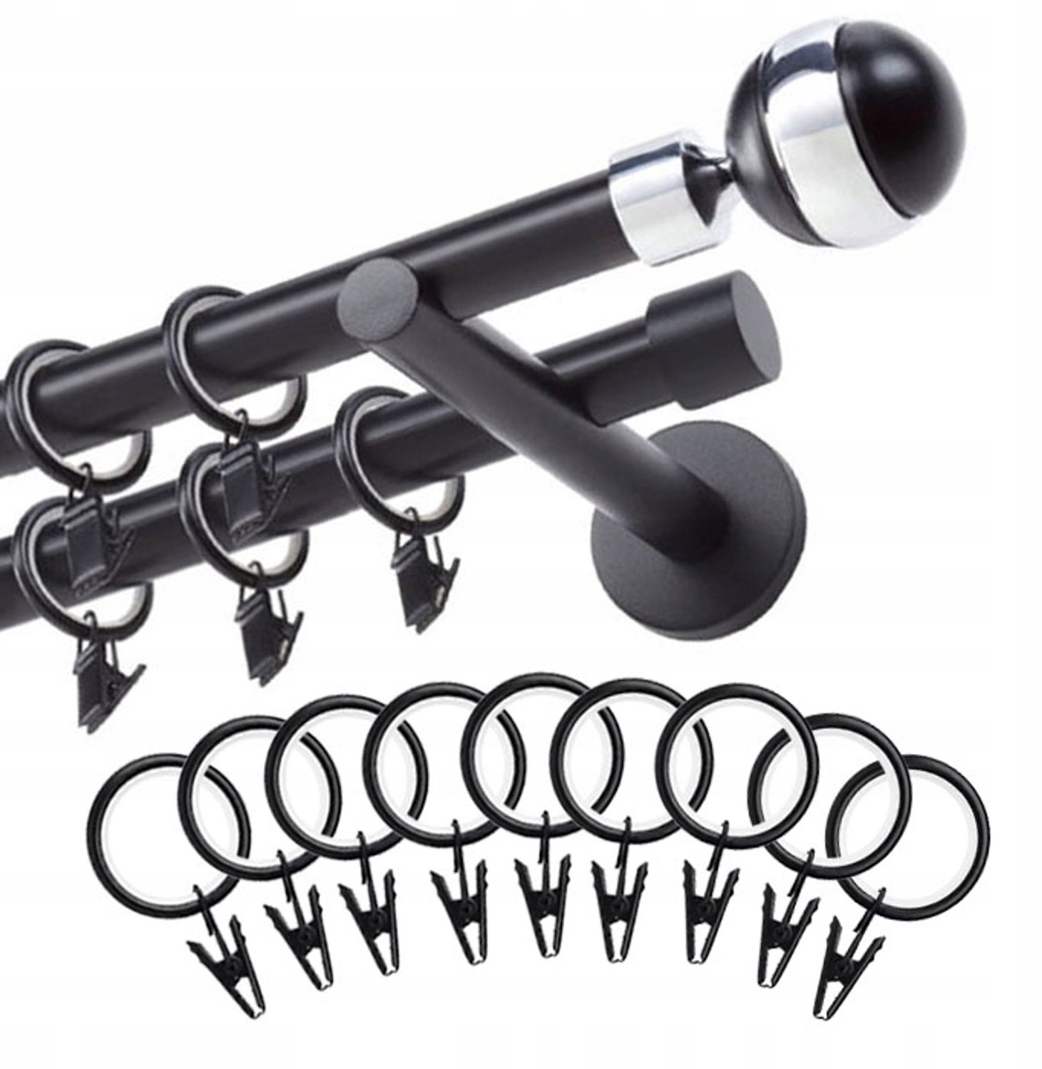 Dubbele zwarte mat gordijnroede 100cm, 19mm, met accessoires