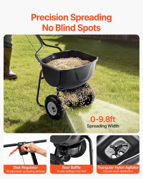 Loopstrooier- 27 kg capaciteit- duwstrooier met trechterrooster- strooibreedte van 0-3 meter- 20 cm all-terrain pneumatische banden- strooier voor tuin en gazon- voor zaad en kunstmest. — afbeelding 4