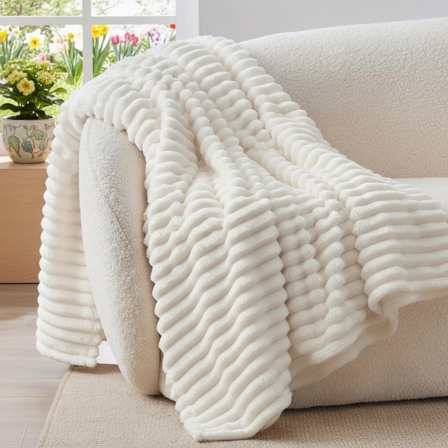 Famanu – Gestreepte decoratieve flanellen fleece deken van 150 x 200 cm, crème wit, ideaal voor bed en bank