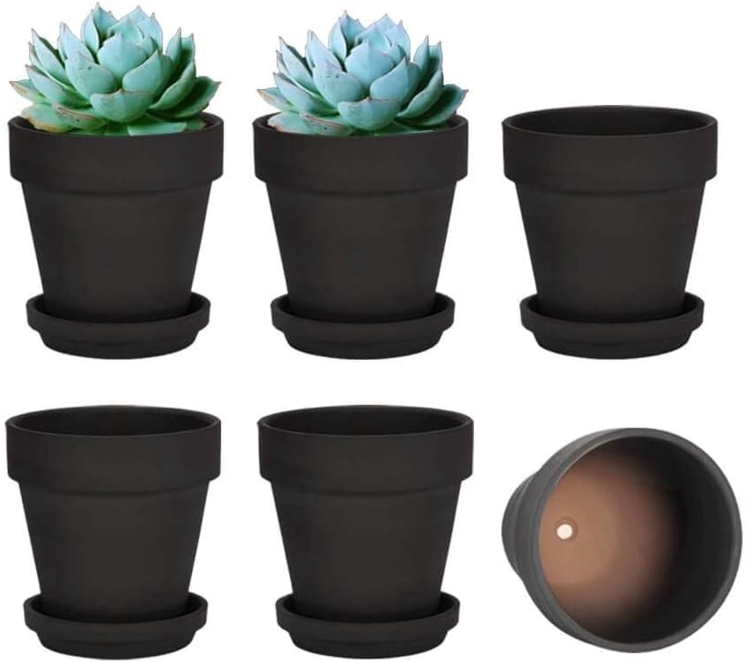 Famanu – Set van 6 zwarte kleipotten met schotel, 15,7 cm, met drainagegat voor binnen en buiten