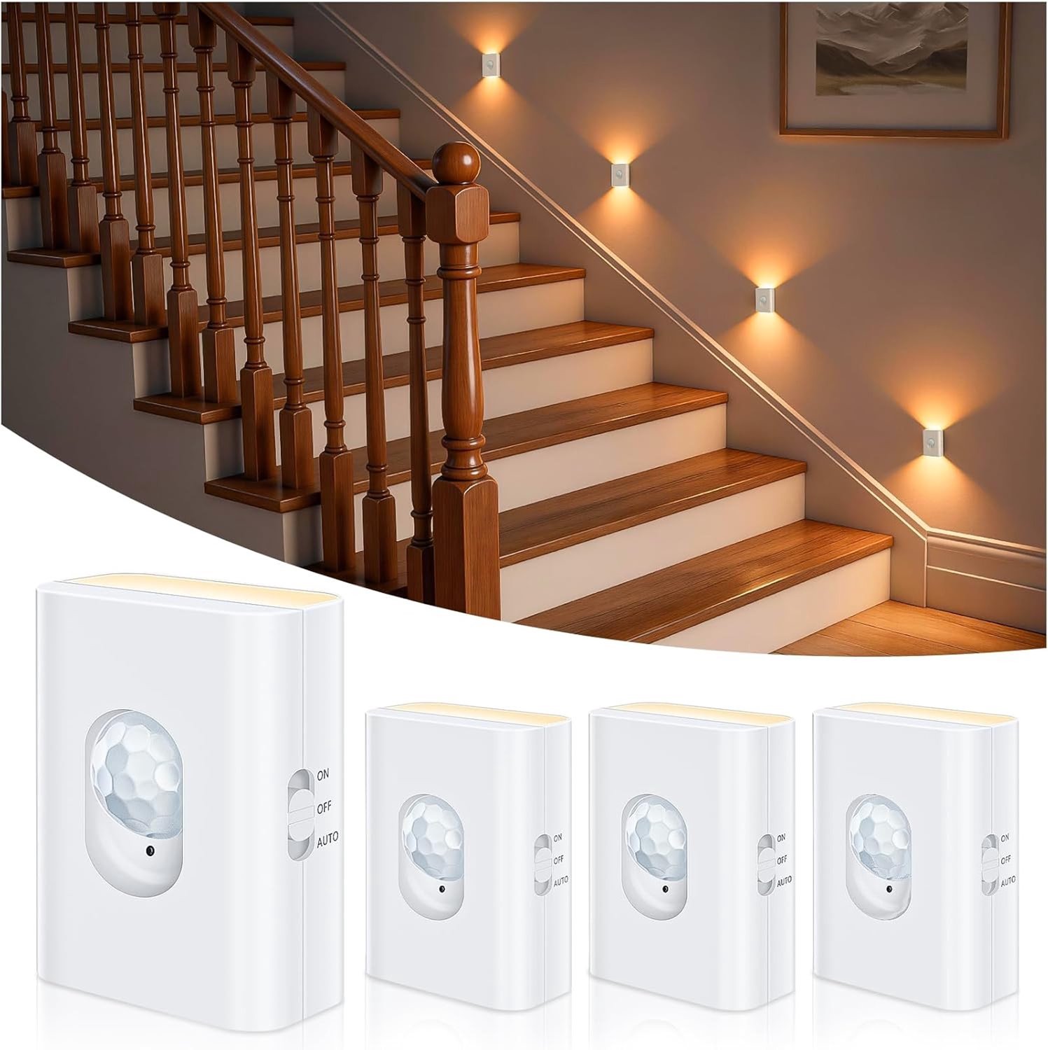 LED Nachtlamp met Bewegingssensor - 4-delige set - Draadloos en Oplaadbaar - Warm Wit Licht - Voor Trap, Gang, Keuken en Badkamer