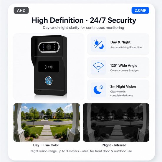 Video Deurintercom 7 Inch - 1080p Resolutie - Bekabeld - Zwart - Met Nachtzicht - Voor Buiten — afbeelding 5
