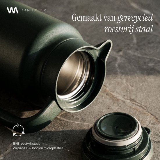 VANN® 3-wandige RVS Thermoskan 1.5L – Isoleerkan – Schenkkan met Drukknop – Voor Koffie, Thee, IJswater & Meer – VANN® Family Jug – Dark Forest Green — cadeau in Koken & Dineren - foto 4