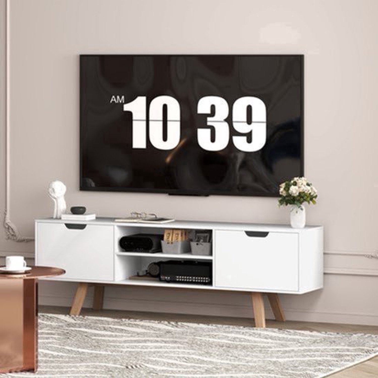 tv meubel – tv kast – tv dressoir – lowboard – mediameubel – wit – 150x39x50 cm – spaanplaat met houten poten