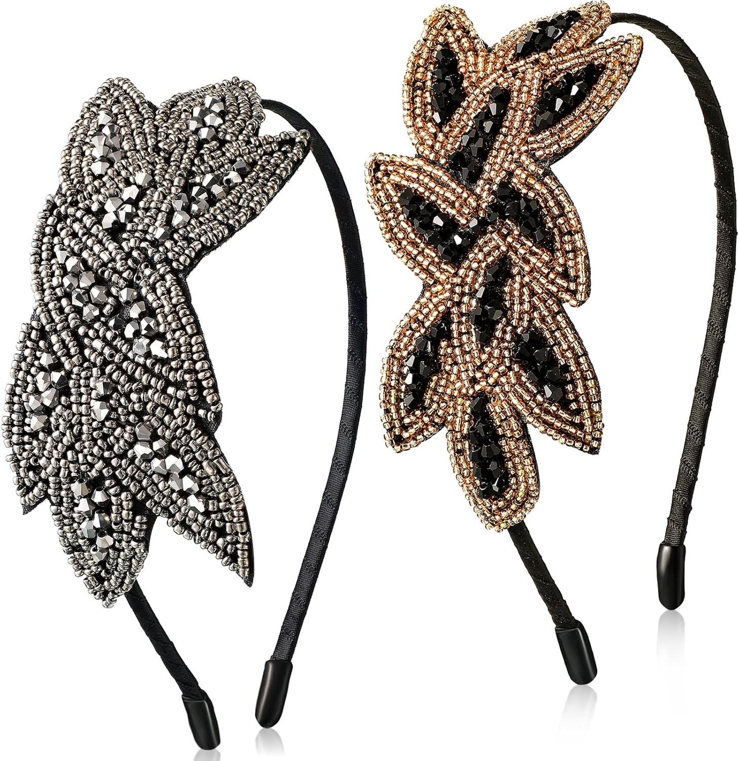 Flapper hoofdband jaren 20 - 2 stuks vintage haaraccessoires met blad en kralen voor kostuumfeest en retro look