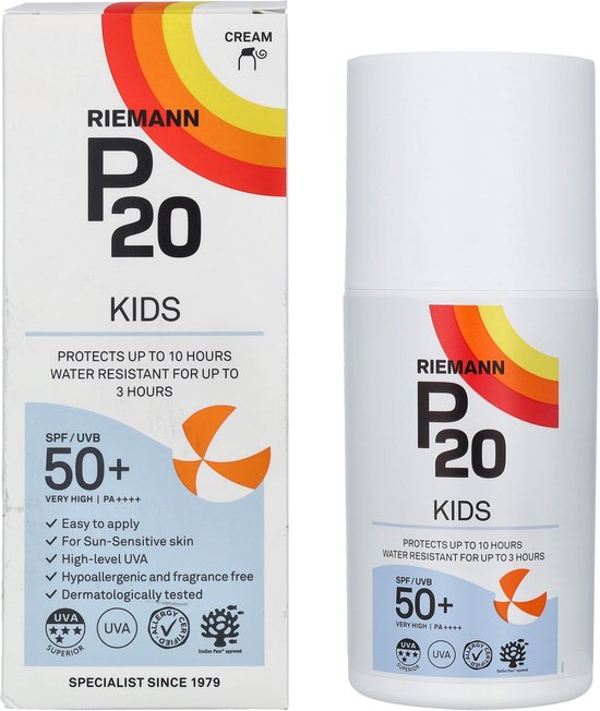 Witte P20 Kids zonnebrandfles en karton met regenboog en "P20 KIDS SPF 50+"
