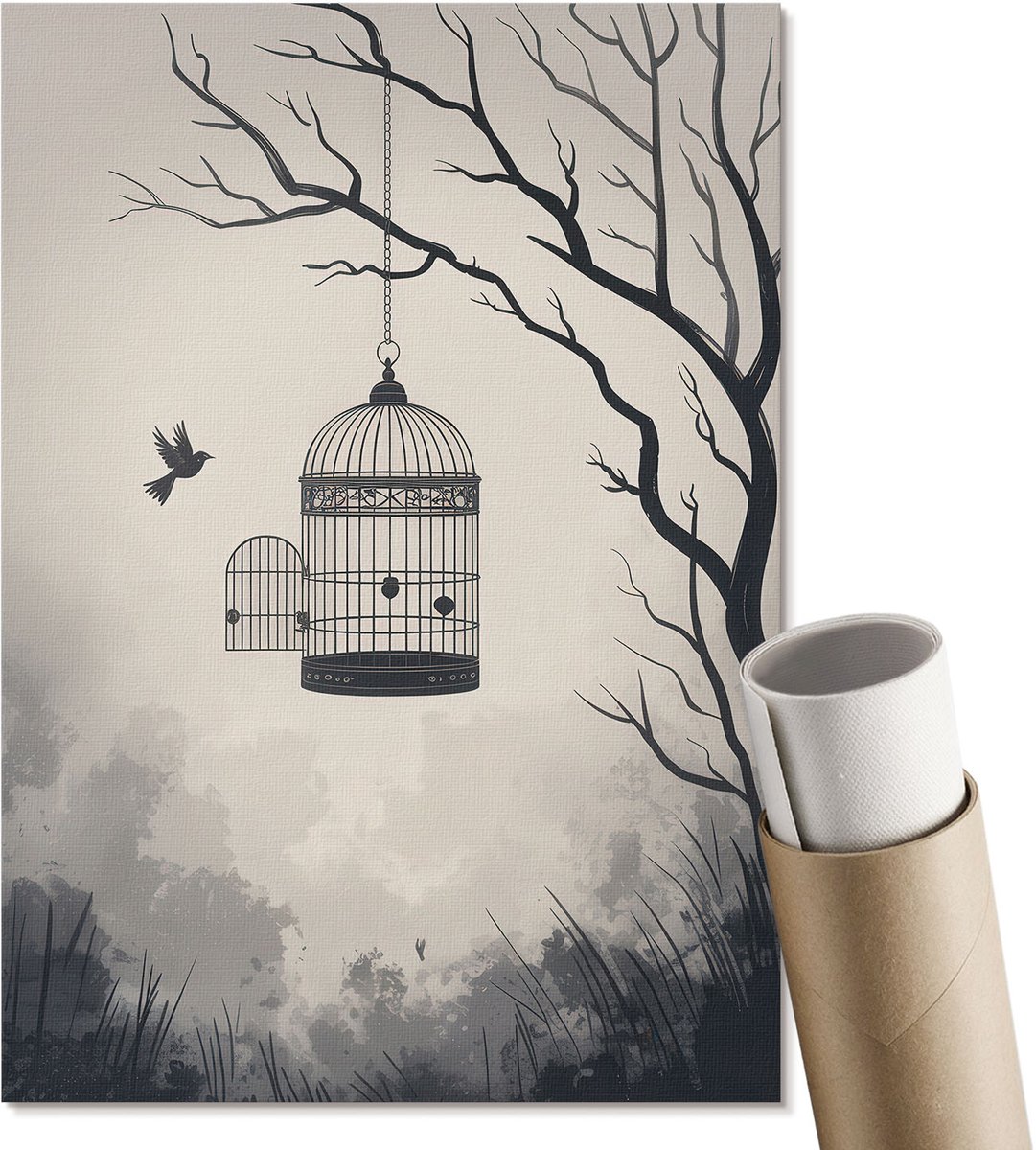 Coloray Canvas Poster Polycanvas - Ontsnapping Uit De Natuur, Illustratie - A4 - Zwart-wit Decoratie - Rechthoek - Wandkunst - Woonkamer, Slaapkamer, Kantoor - Minimalist