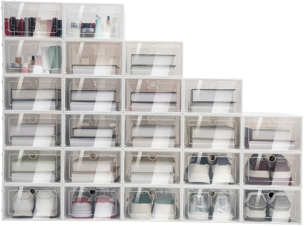 Seth Select Schoenendozen - Set van 24 – Stapelbare Schoenenopbergers - Opvouwbaar - met Klep – 33 x 23 x 14 cm - Transparant