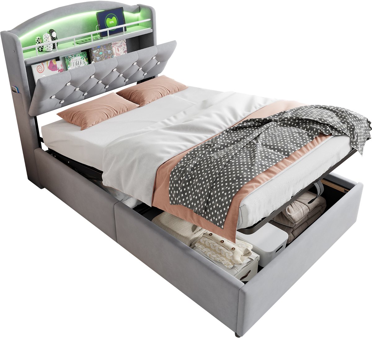 Gestoffeerd kinderbed - Fluwelen eenpersoonsbed grijs - Opbergruimte - LED en USB - 200 kg - Slaapkamer - 90x200 cm - Grijs