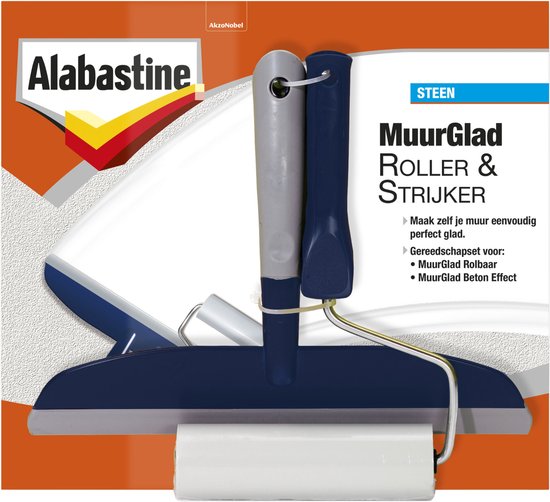 Alabastine MuurGlad Roller & Strijker set met blauwe en grijze handgreep, blauwe strijker, met witte roller.