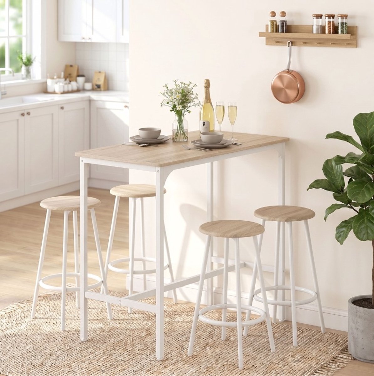FloraGrace Bartischset Met 4 Barkrukken Industrieel Design Voor Keuken En Eetkamer Hout Metaal 110 X 50 X 89,5 Cm Oak