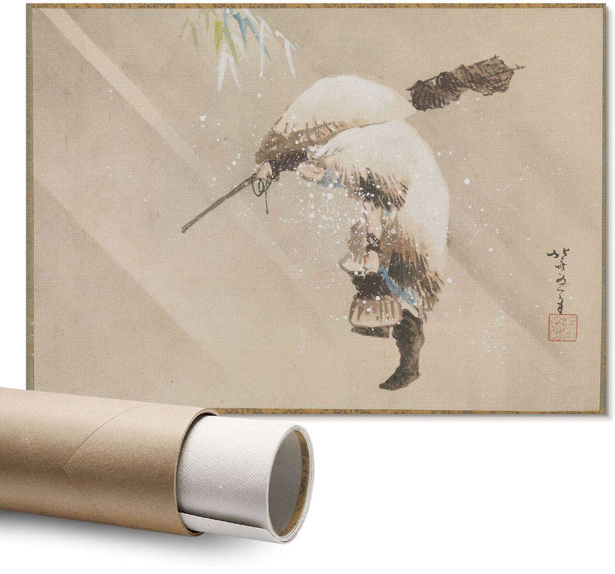 Coloray Polycanvas Wandposter – Visser in de Sneeuw, Beige – A1 – Zwart Kunstwerk – Rechthoek – Wandkunst – Slaapkamer – Klassiek