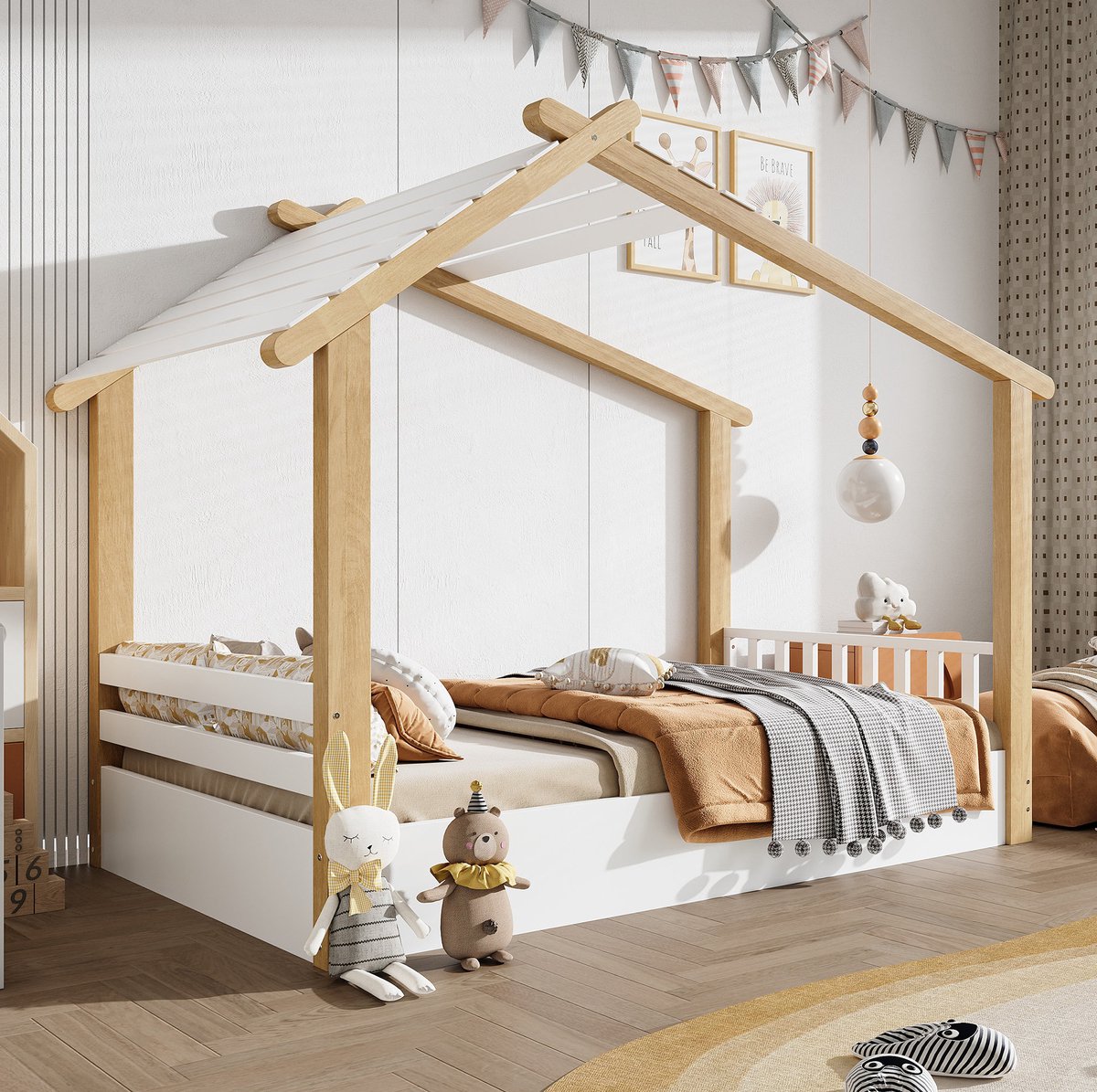 REDOM - Kinderbed - Huisvormig bedframe - Stabiele lattenbodem - Met veilige bedrand - Eenvoudige stijl - Kinderkamer - Hout, MDF, Spaanplaat - Wit en Natuur - 90 x 200 cm