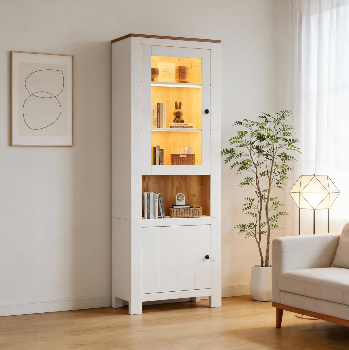 MODFU - Vitrinekast - Glasdeur - Led - Verstelbare Planken - Wit - 70 X 40 X 188 Cm