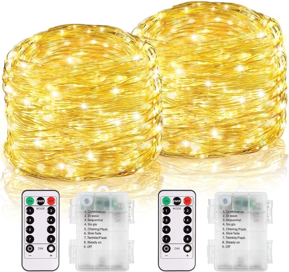 Lichtsnoer 12m - 2 stuks 120 LED - Op Batterijen - Afstandsbediening - Kerst - Binnen en Buiten