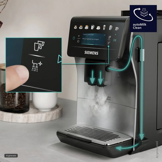 Zilverkleurige Siemens volautomaat met 'autoMilk Clean' functie, die melkresten reinigt.