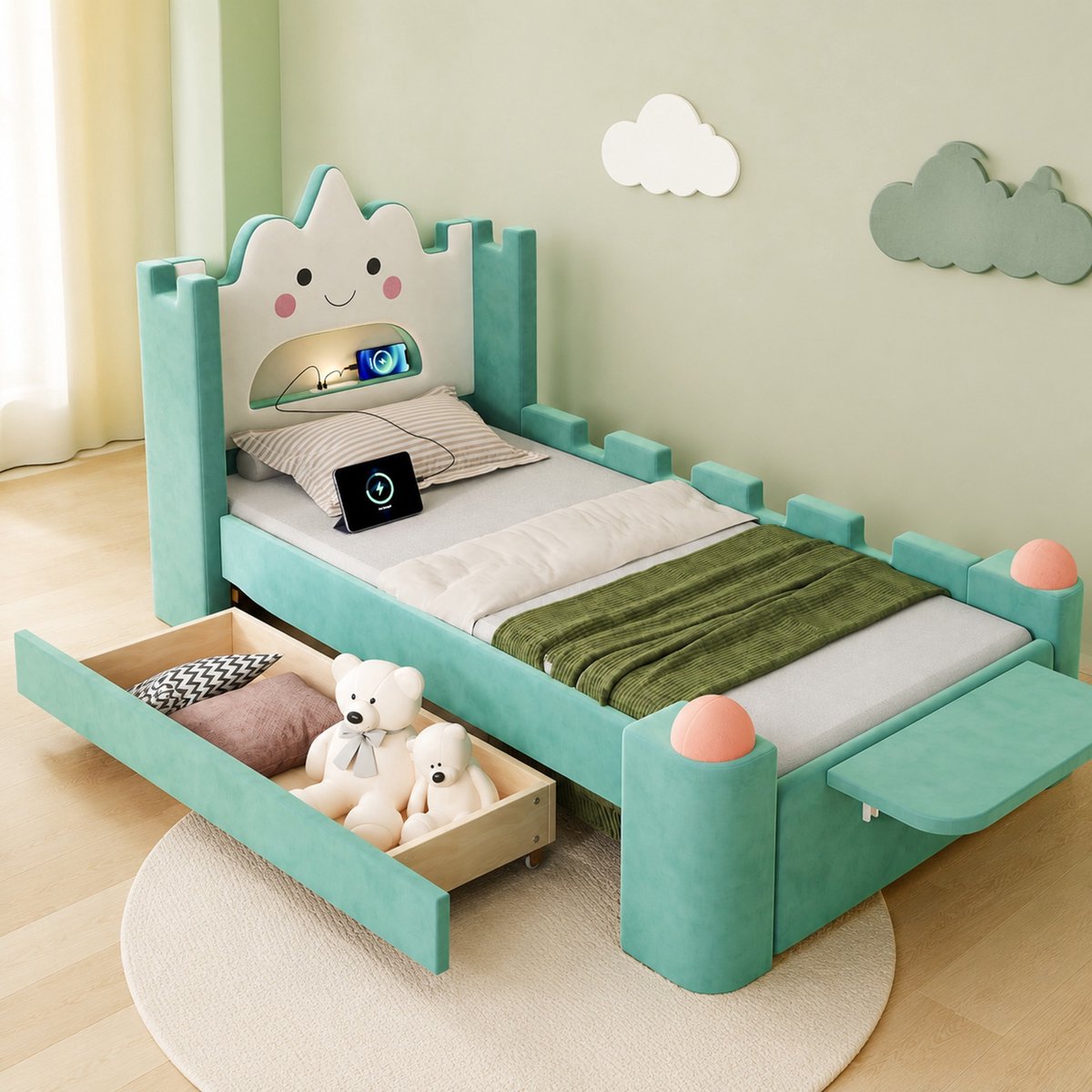 WUVRIE Kinderbed 90x200 cm met LED-leeslamp, USB, opberglade en klapbare aflegplank, blauwgroen