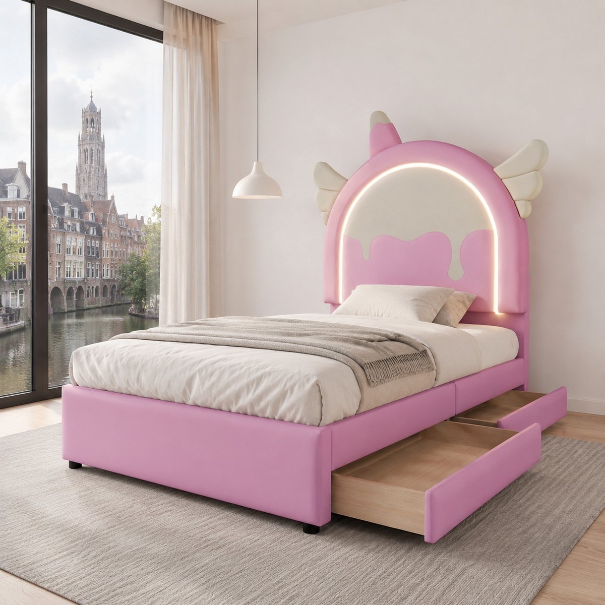 WUVRIE Roze eenpersoonsbed 90 x 200 cm met verlichting, 2 lades en eenhoornvorm