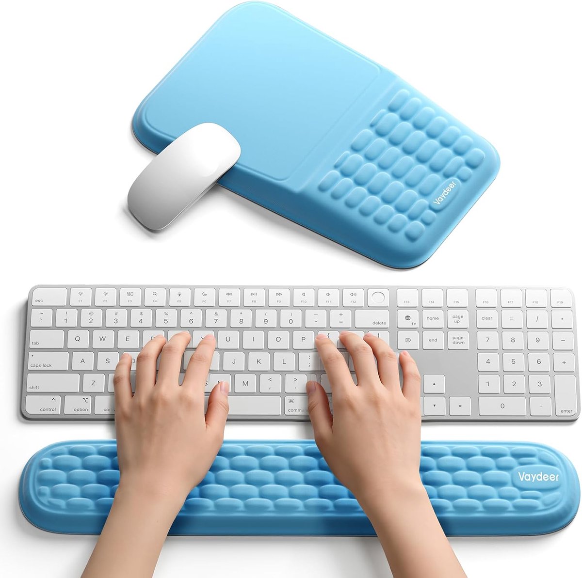 Ergonomische polssteunset met traagschuim, antislip en ademend kussen voor toetsenbord en muis, lichtblauw, 45 x 8,5 x 2,1 cm en 29,7 x 19,3 x 3,7 cm