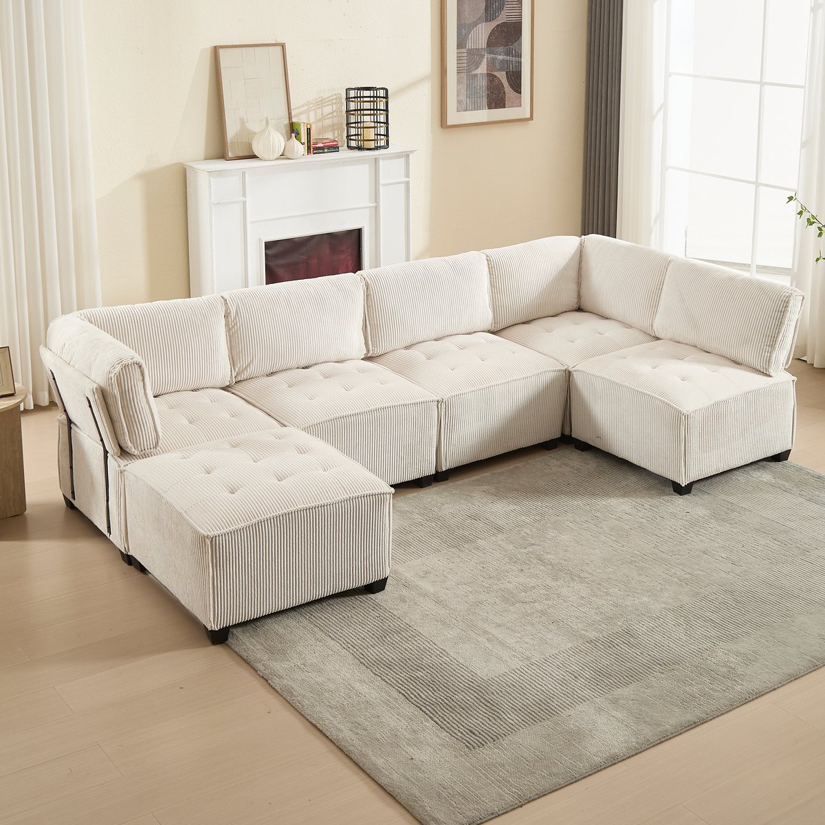 6-zits U-bank - 308 x 154 x 81,99 cm - corduroy bekleding - met slaapfunctie - met opbergruimte - modulair samen te stellen - met metalen frame
