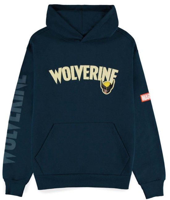 Donkerblauwe hoodie met 'WOLVERINE' en claw logo op de borst, Marvel logo en 'WOLVERINE' op de mouw.