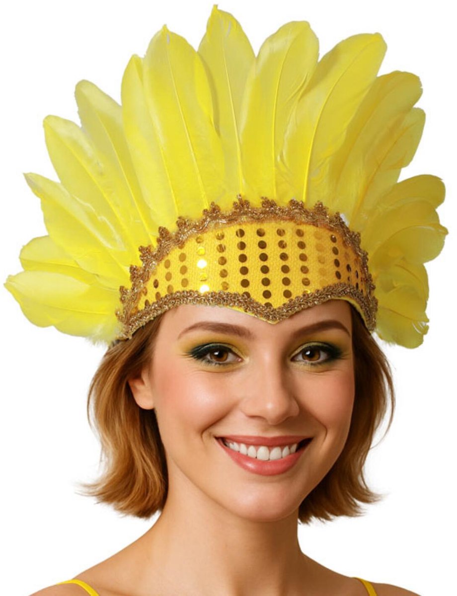 Atosa Can Can danseres hoofdband met veren - voor dames - geel - Carnaval - Verentooi - verkleed artikelen - Twenties - Broadway - Moulin Jaune