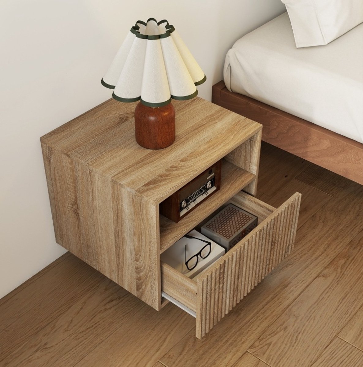 REDOM - Nachtkastje - Greeploos ontwerp - Wandgemonteerd met open vak en lade - Geribbeld front - Scandinavisch - Hout, MDF en spaanplaat - Lichtbruin - 40 x 39,5 x 35 cm