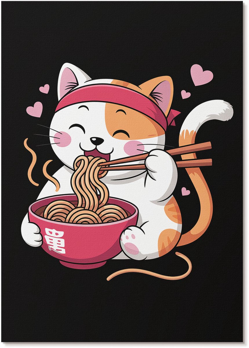 Tulup Polycanvas Poster - Katje Met Pasta, Illustratie - A4 - Zwart Design - Rechthoek - Decoratieve poster - Woonkamer, Slaapkamer, Kantoor - Kinder