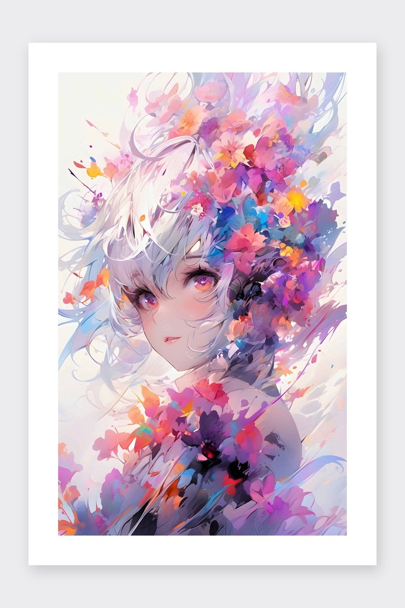 Anime Poster - Meisje - Bloemrijke - Manga - Fantasie - Magie - posters - formaat 30x40cm - Wanddecoratie - BXS4238MT - Met kader - passe-partouts stijl