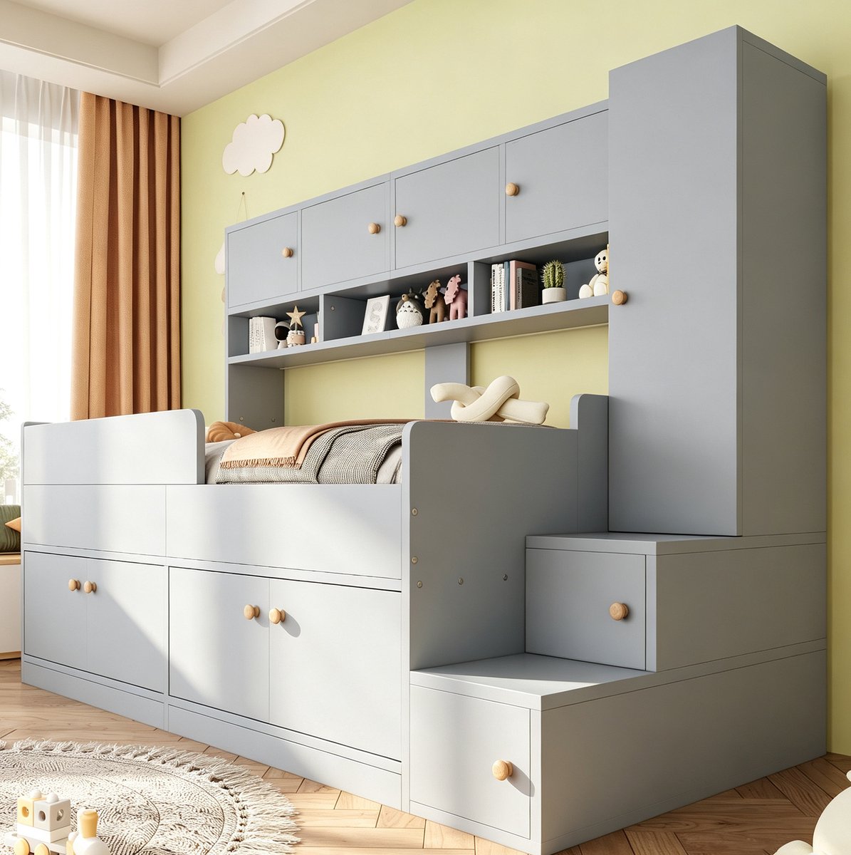 DESMIU Hoogslaper Kinderbed 90 x 200 cm – Opbergruimte En LED Verlichting – Trapkast Met Veiligheidsrail – Voor Kinderkamer – Spaanplaat En MDF – Grijs – Zonder Matras