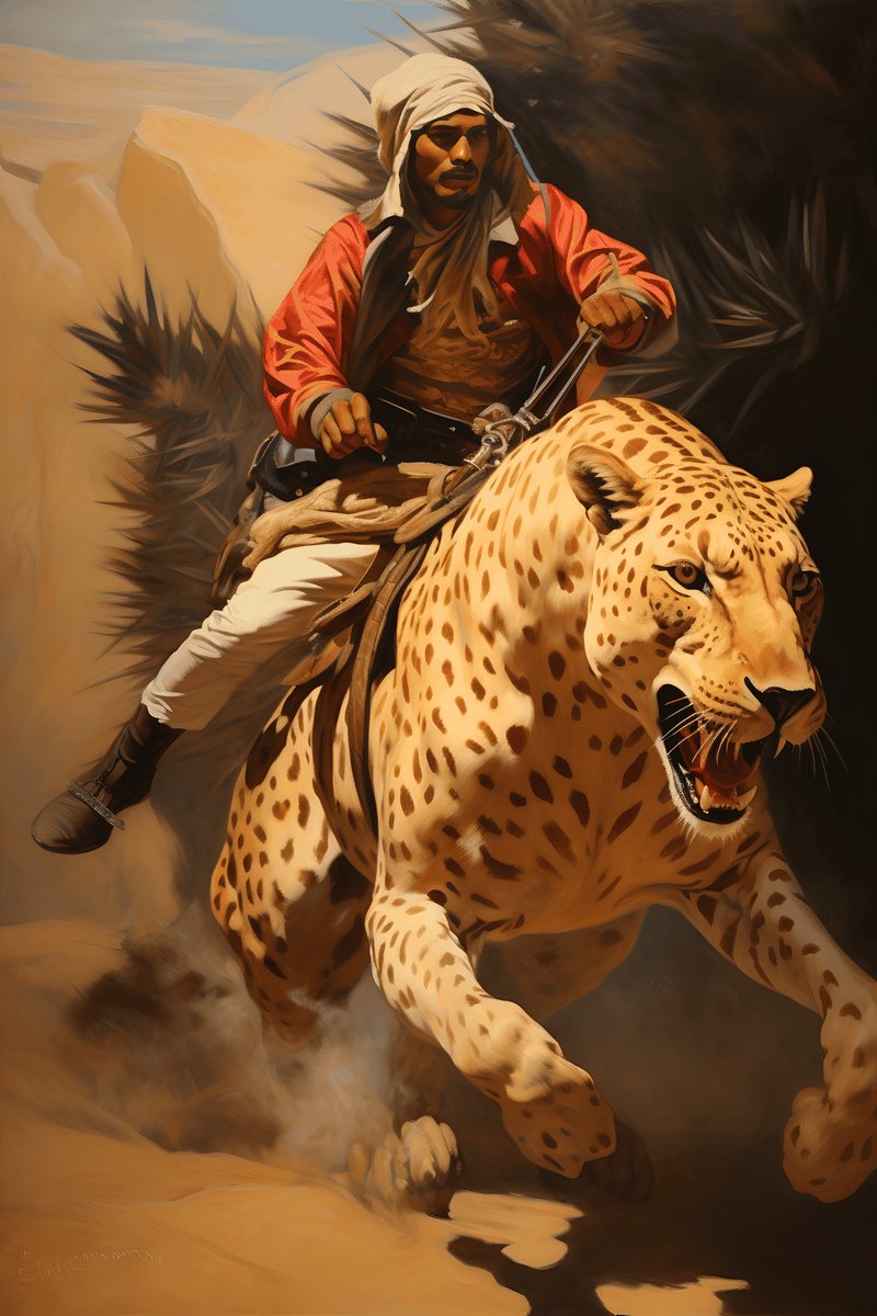 Man op Luipaard Poster - Jachtluipaard - Arabische krijger - Oosterse - posters - formaat 70x100cm - Wanddecoratie - Moderne Kunst - L1565MT