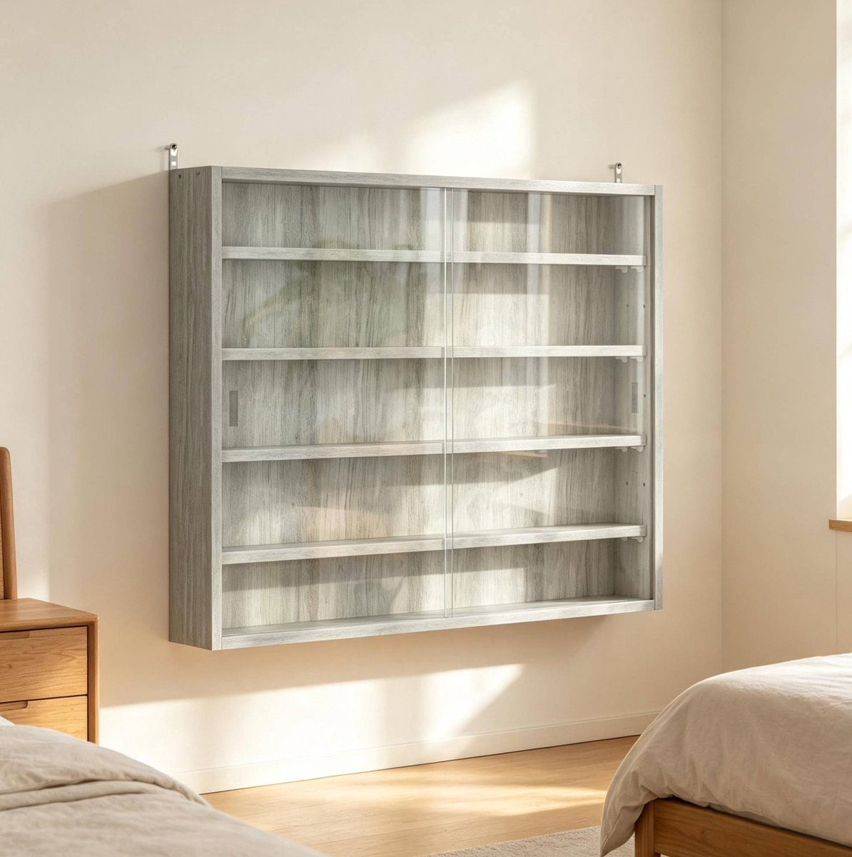 MODENUIT Vitrinekast - Wandmontage Met 2 Schuifdeuren En 4 Verstelbare Planken - Grijs - 80x9,5x60 Cm