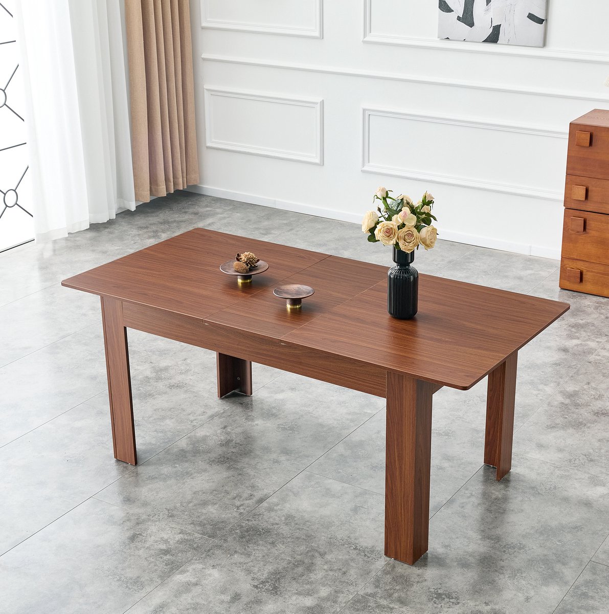 MODENUIT Eettafel - Uitschuifbaar Rechthoekig - Voor Keuken En Woonkamer - MDF - Walnoot - 220x89x77 Cm