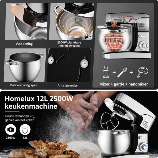 Homelux Keukenmachine 12L - Mixer met Mengkom RVS - Planetaire Mixer 2000W - Deegkneder - Keukenmixer met Garde & Klopper – van Homelux — afbeelding 4