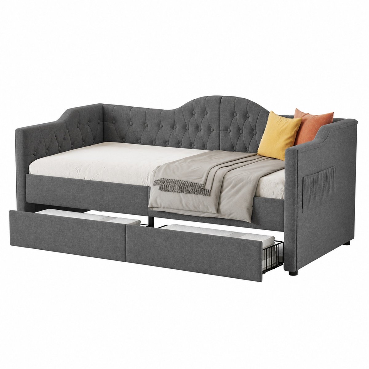 WUVRIE Grijze slaapbank 90x190 cm met 2 lades, USB Type-C en lattenbodem