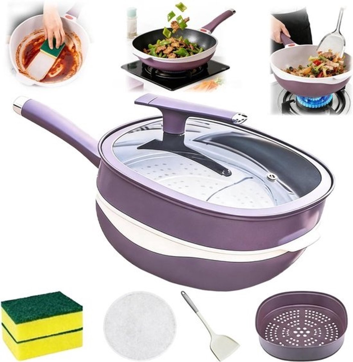 Anti-aanbakpan met deksel - Koekenpan Wok - Veelzijdig Koken - Titanium Keramische Coating - 30 cm - Paars