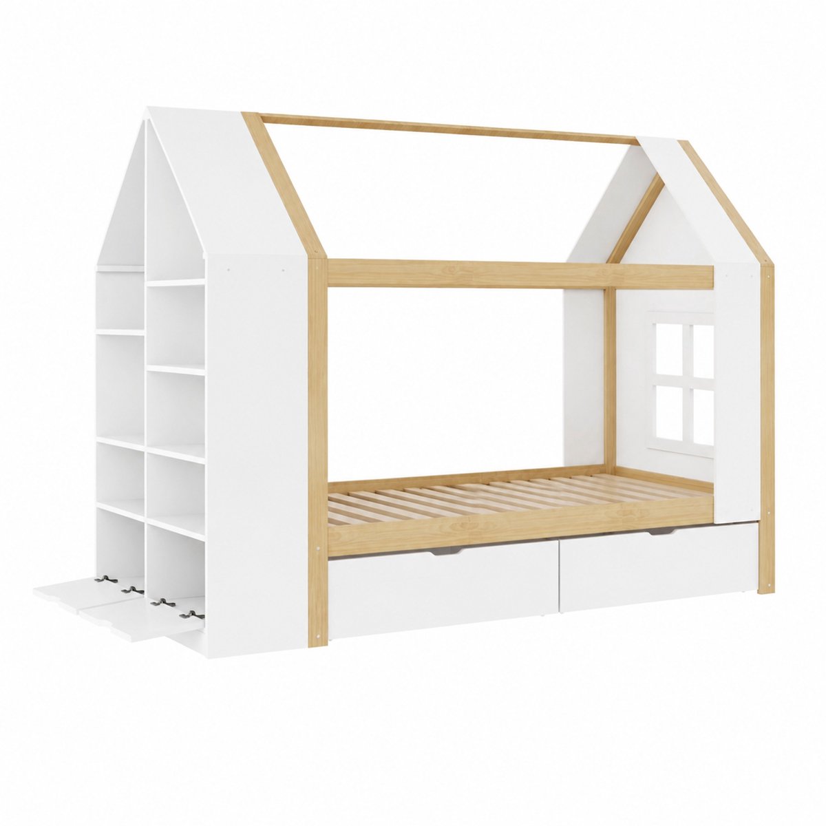 WUVRIE Kinderbed 90x200 cm huisvormig met 2 lades, LED en opbergruimte, wit/naturel houtkleur