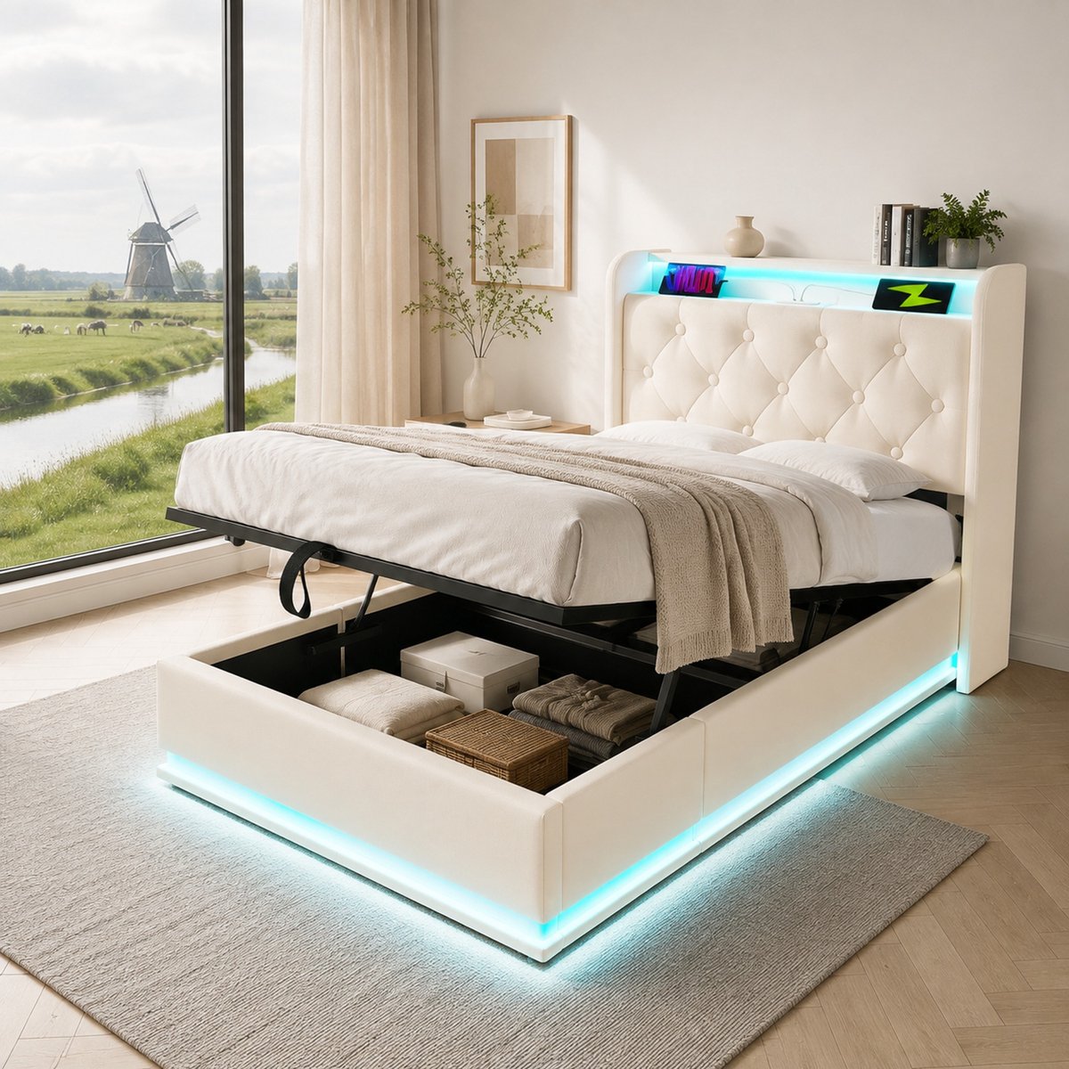 WUVRIE Eenpersoons bedframe 90x200 cm met LED, opbergruimte en USB-C, wit